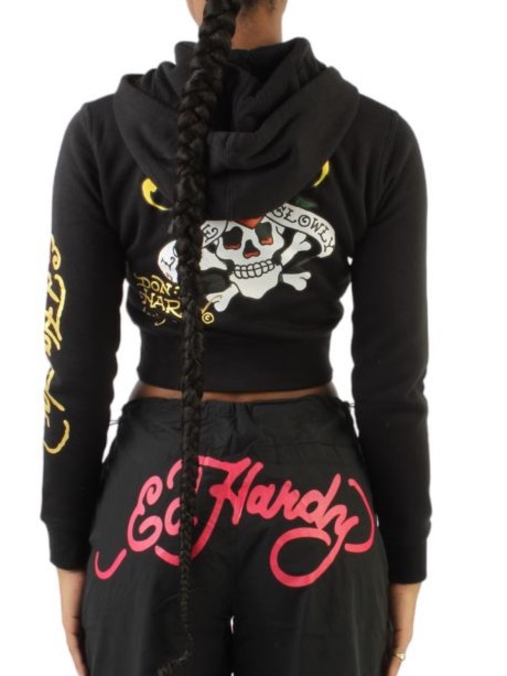 Ed Hardy Black Cropped Zip Hoodie with Colorful Tattoo Graphics - Picture 3 of 11